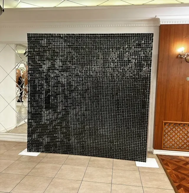 Прямой вид чёрного блестящего фона без шаров и дополнительного реквизита.